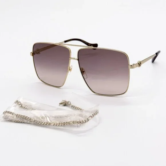 NEW GUCCI SUNGLASSES GG1087S 002 GOLD UNISEX EYEWEAR GUCCI WITH CHAIN - Picture 2 of 11
